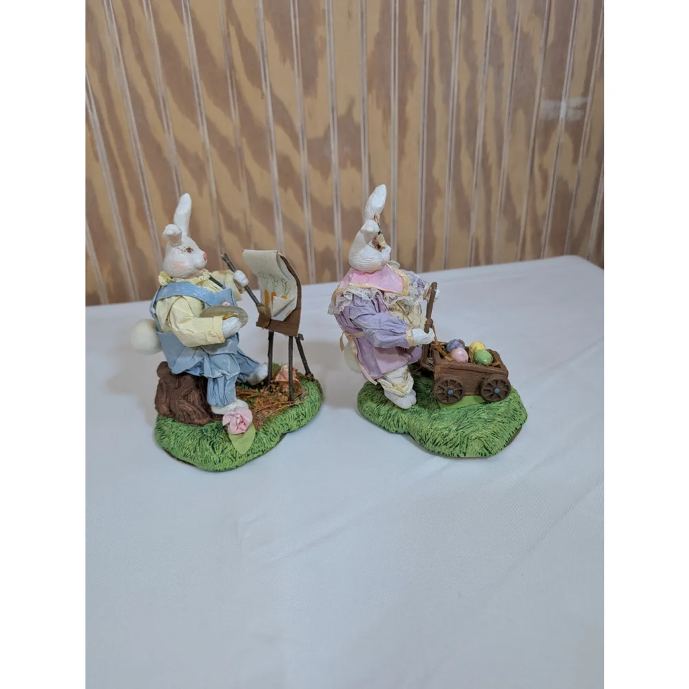 Vintage Paper Mache / Resin Easter Bunny Figurines Set of 6 (1 missing foot)